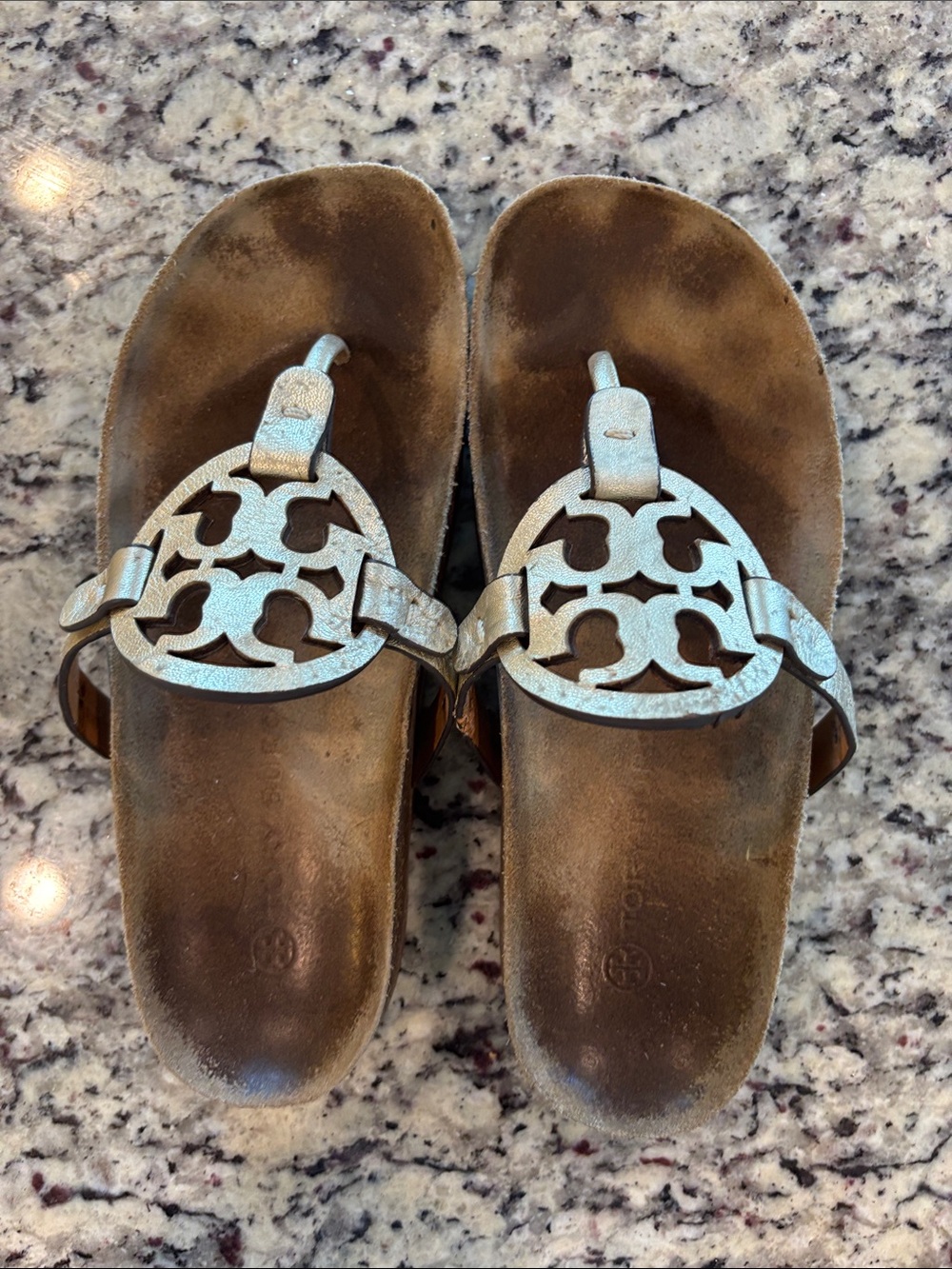 Tory Burch Metallic Silver Logo Thong Sandals